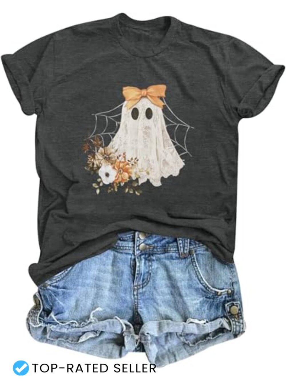 Women's Halloween Bow Ghost Graphic T-Shirt Cute Spooky Tee